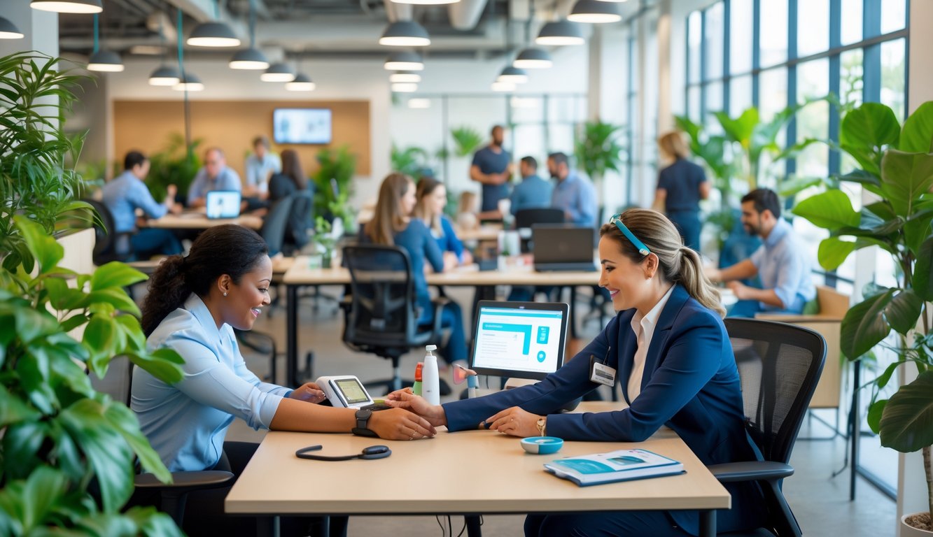 People in a modern coworking space receiving health screenings from a healthcare professional while others work and interact nearby.