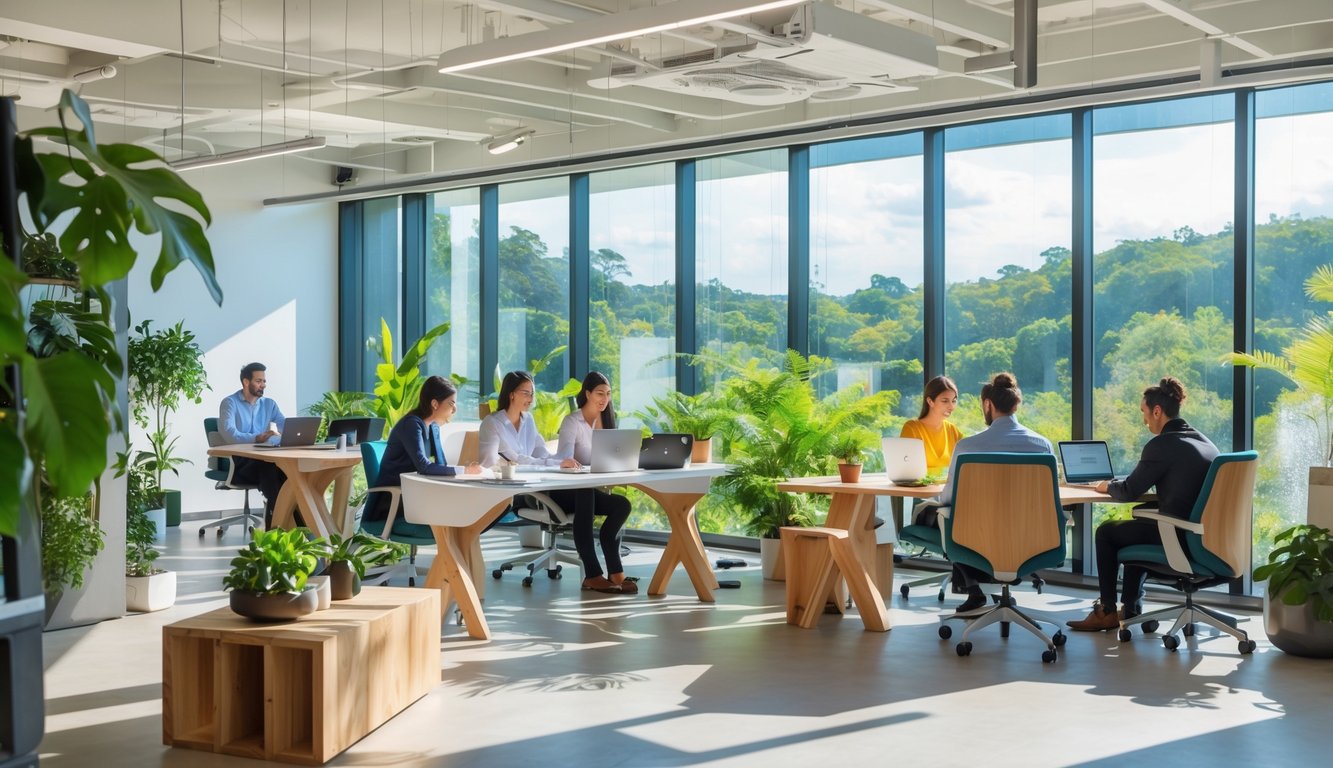 A sunlit coworking space with people working at desks surrounded by plants and large windows showing greenery outside.