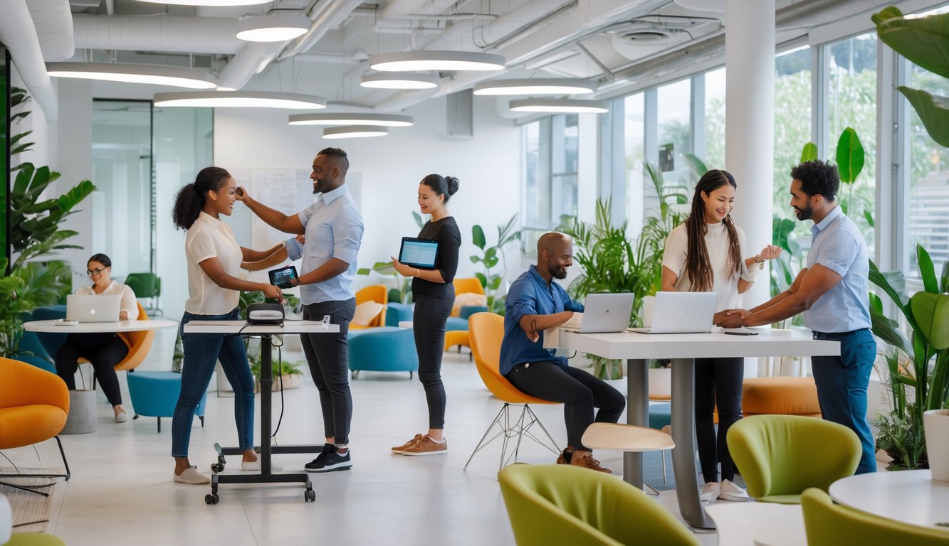 A modern coworking space where people work at desks and a healthcare professional conducts a health screening.