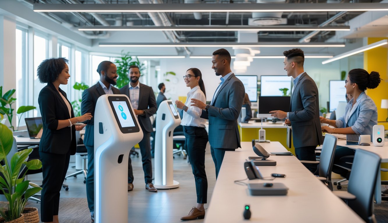 People using health screening devices and wearable technology in a bright coworking space with plants and modern workstations.