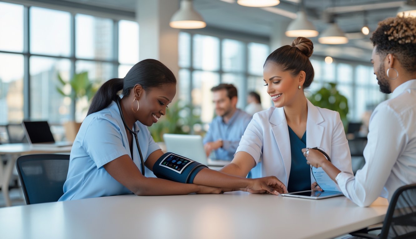 People in a bright coworking space with a healthcare professional checking a person's blood pressure while others work and fill out forms.