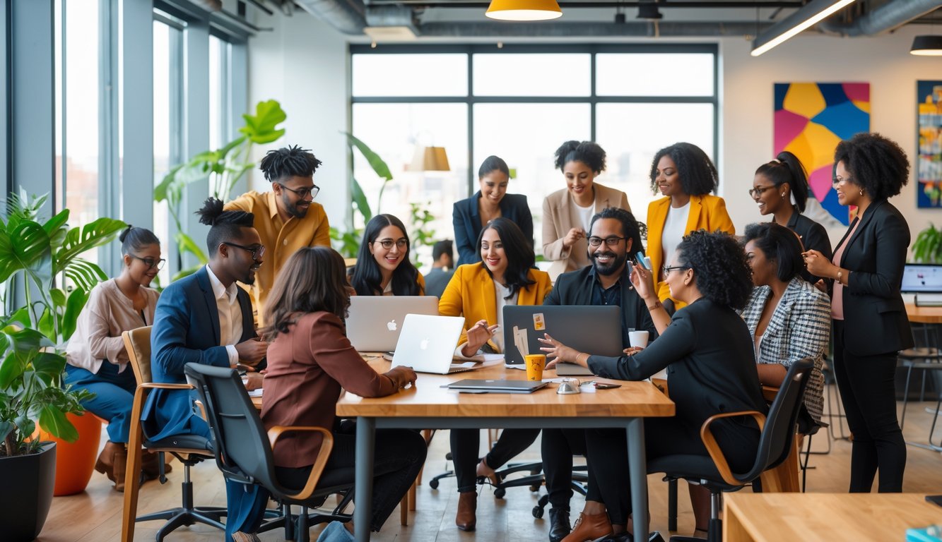 A diverse group of people working and collaborating in a bright, modern coworking space.