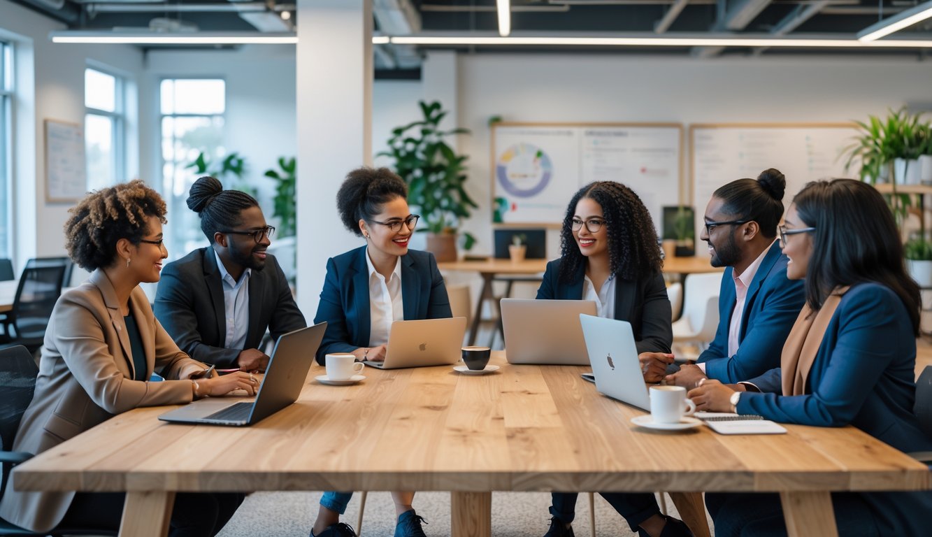 A diverse group of people working together around a table in a bright coworking space.