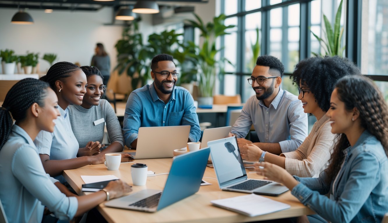 A diverse group of people working together around a table in a bright coworking space.
