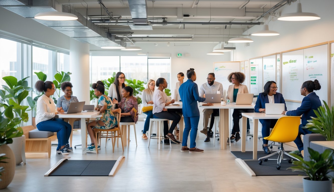 A diverse group of people working and collaborating together in a bright, accessible coworking space.