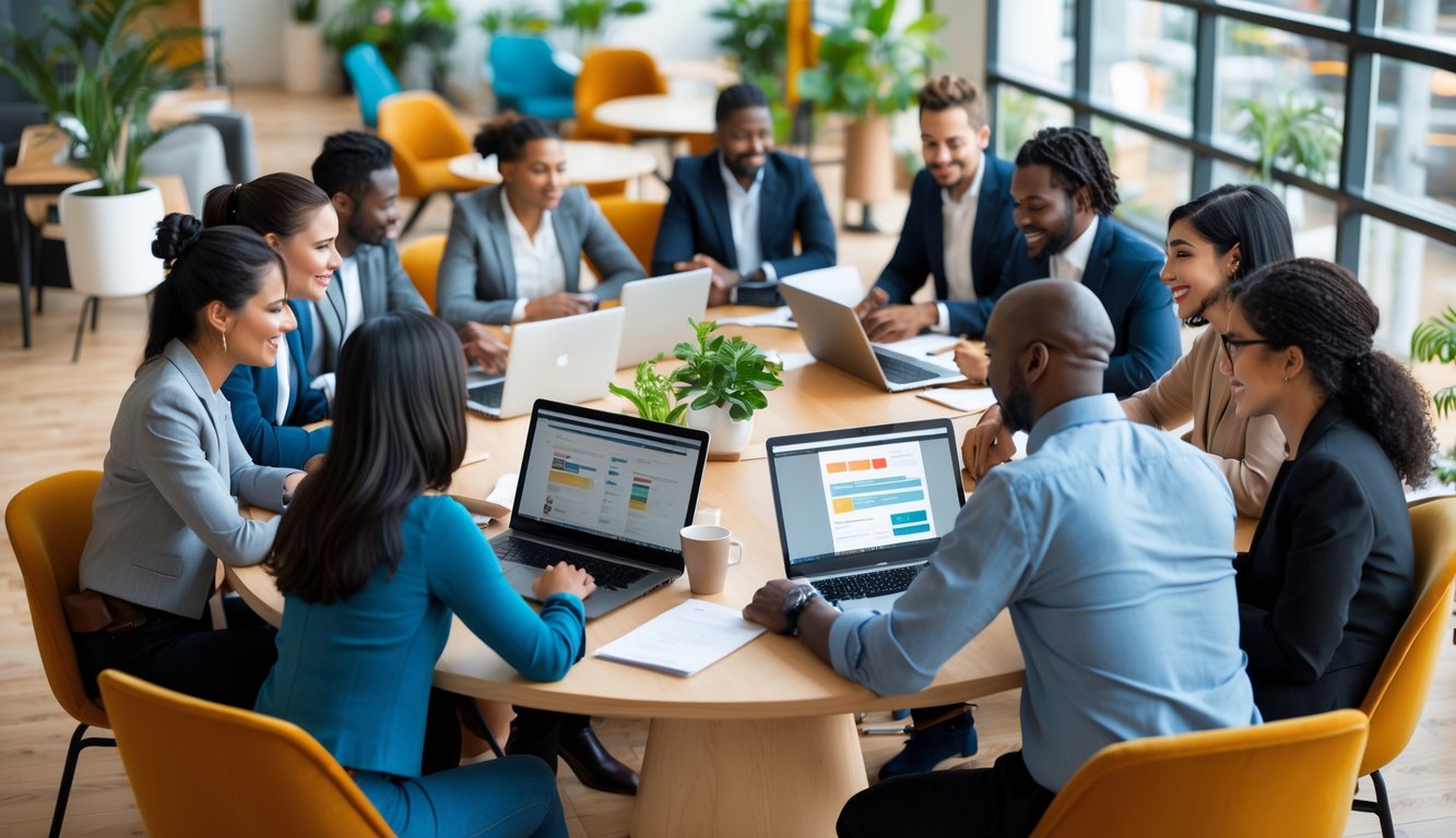 A diverse group of people collaborating and working together in a bright, modern coworking space.