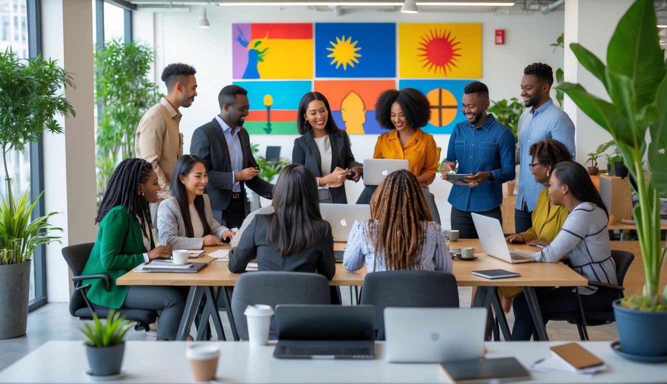 A diverse group of people working and collaborating together in a bright, modern coworking space.