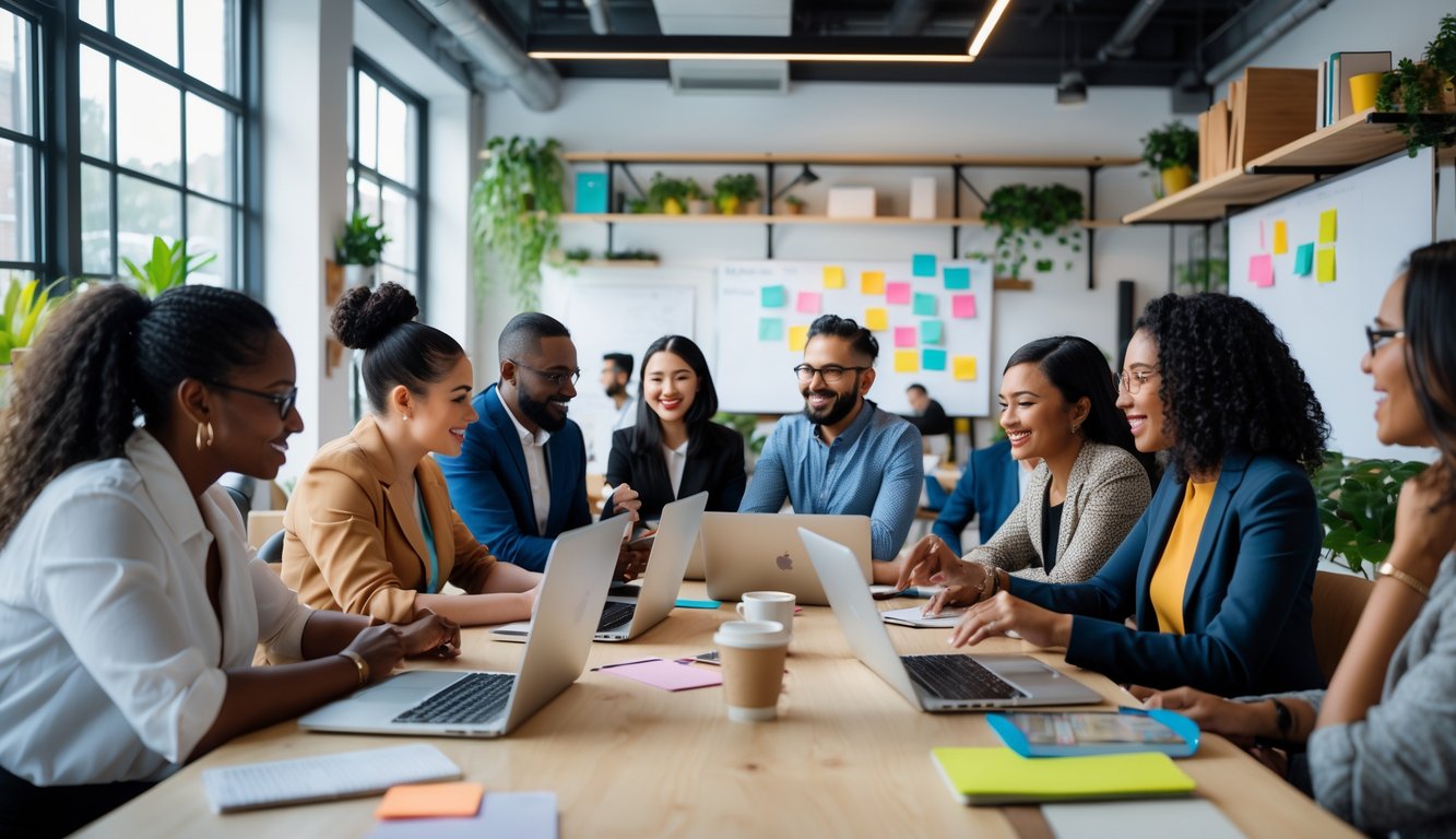 A diverse group of people working together around a table in a bright coworking space with natural light and plants.