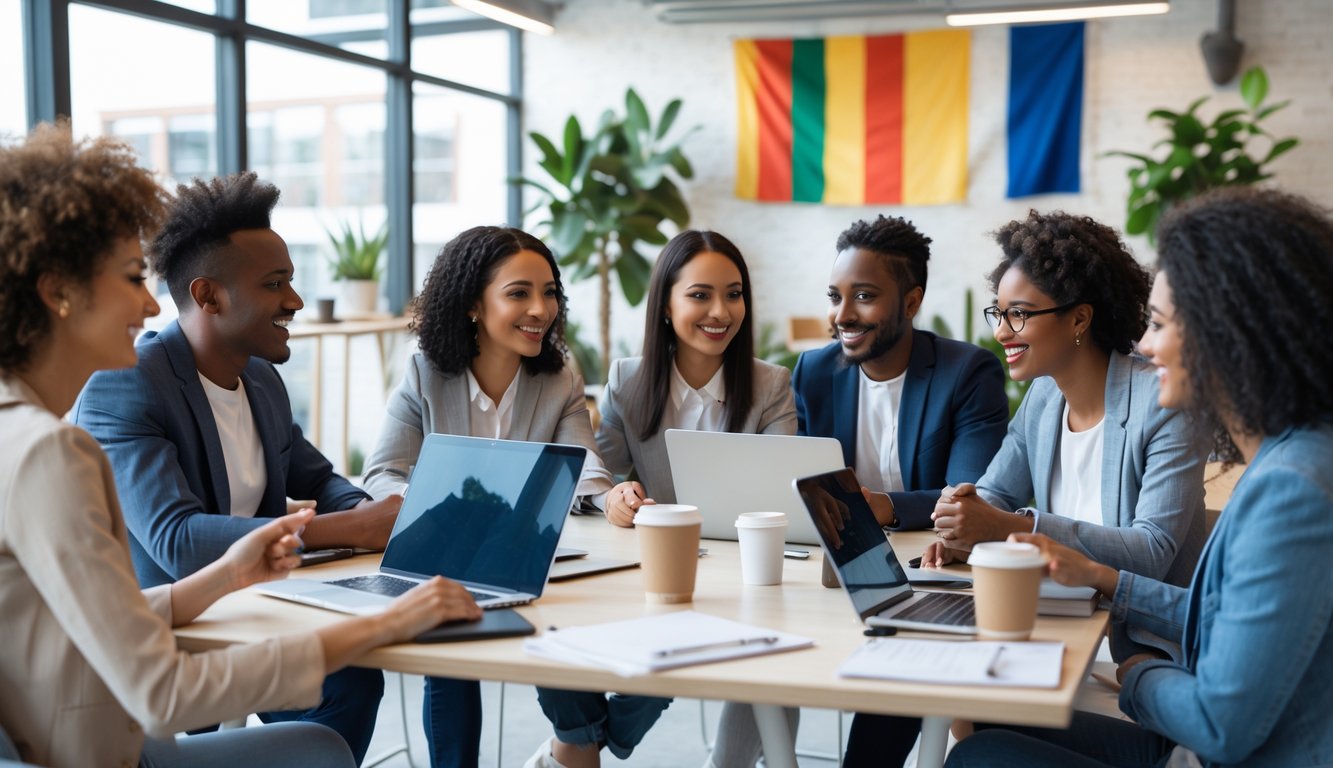 A diverse group of people working together around a table in a bright, modern coworking space.