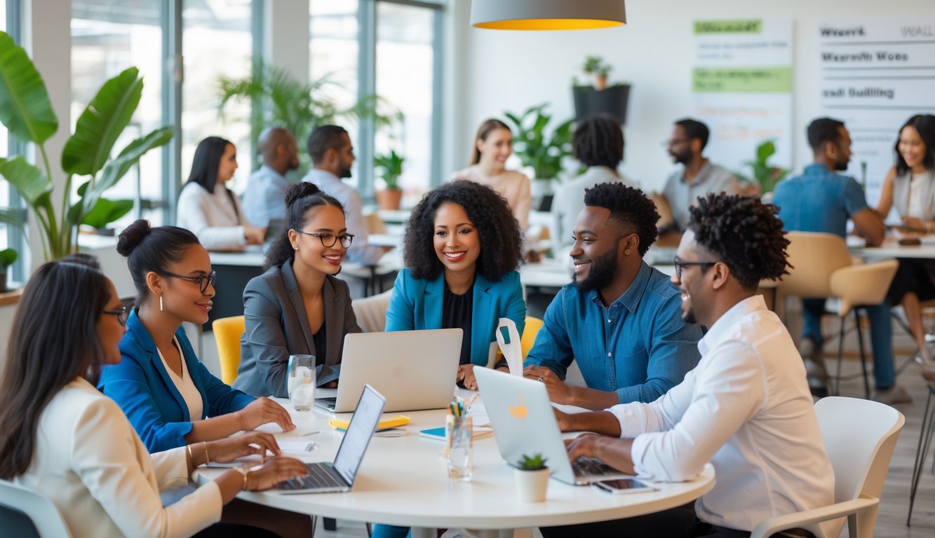 A diverse group of people working and collaborating in a bright, modern coworking space with natural light and open seating.