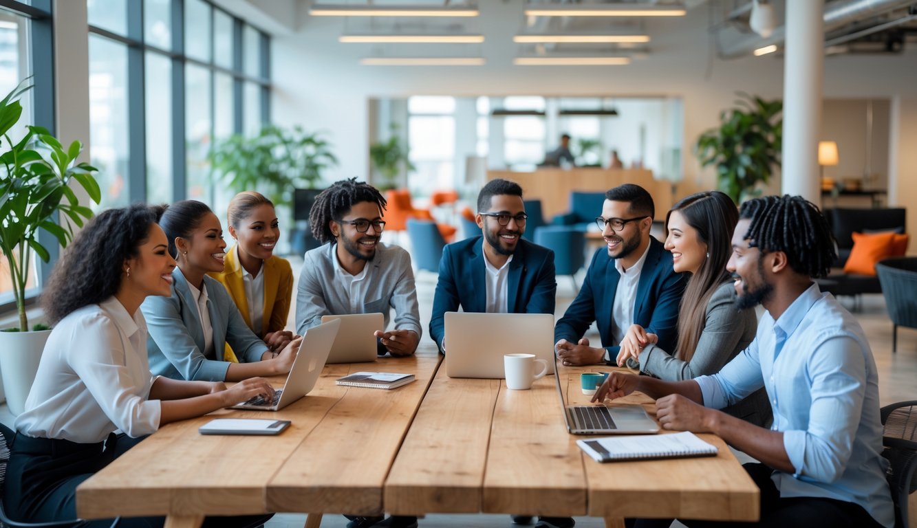 A diverse group of professionals collaborating around a table in a modern coworking space.