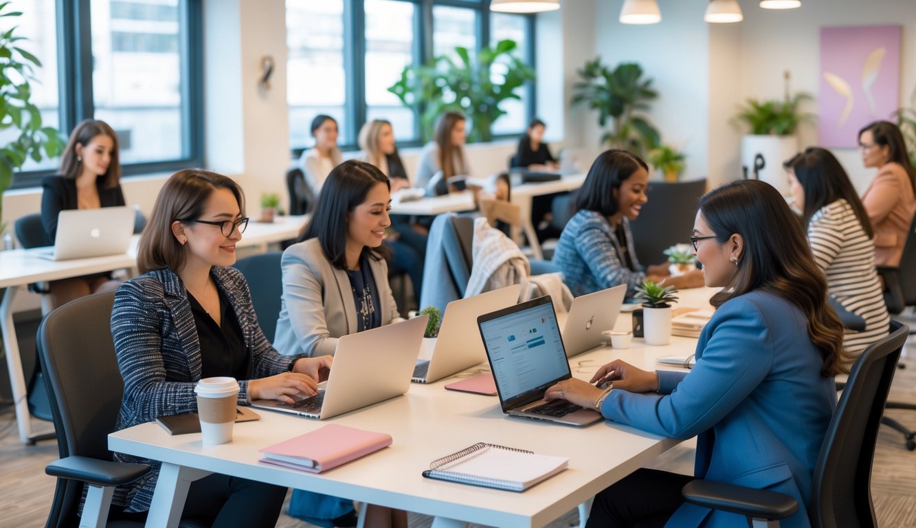 A group of professional women working individually and together in a bright, modern coworking space with natural light and plants.
