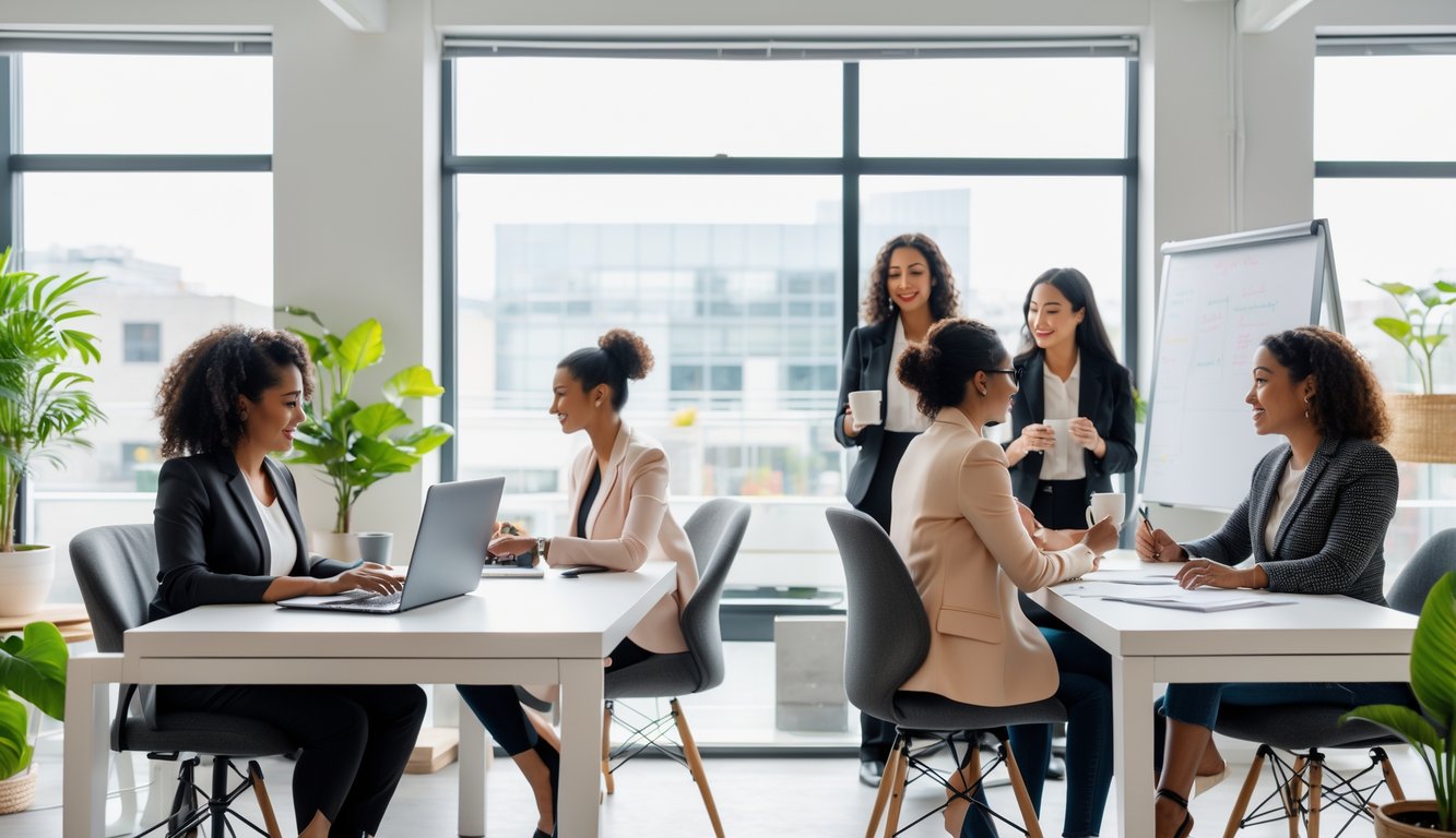 Professional women working together in a bright, modern coworking space with laptops, coffee, and collaborative discussions.