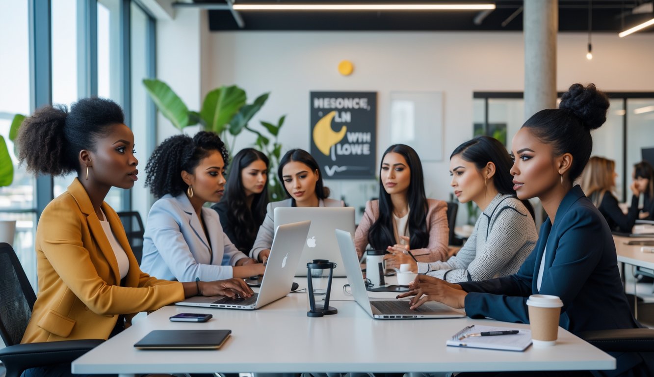 A group of diverse women working and interacting in a modern coworking space, showing a mix of focused and thoughtful expressions.