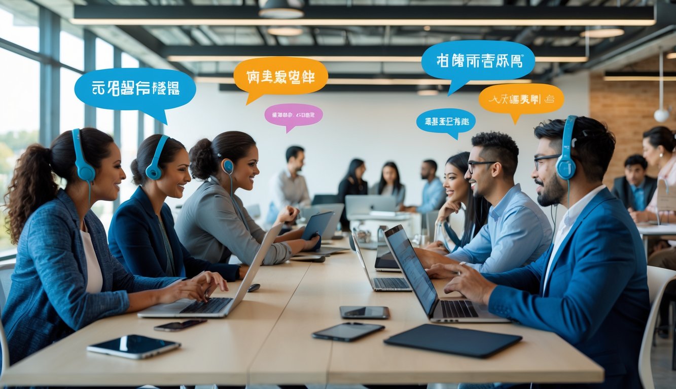 A diverse group of people collaborating and working together in a bright, modern coworking space.