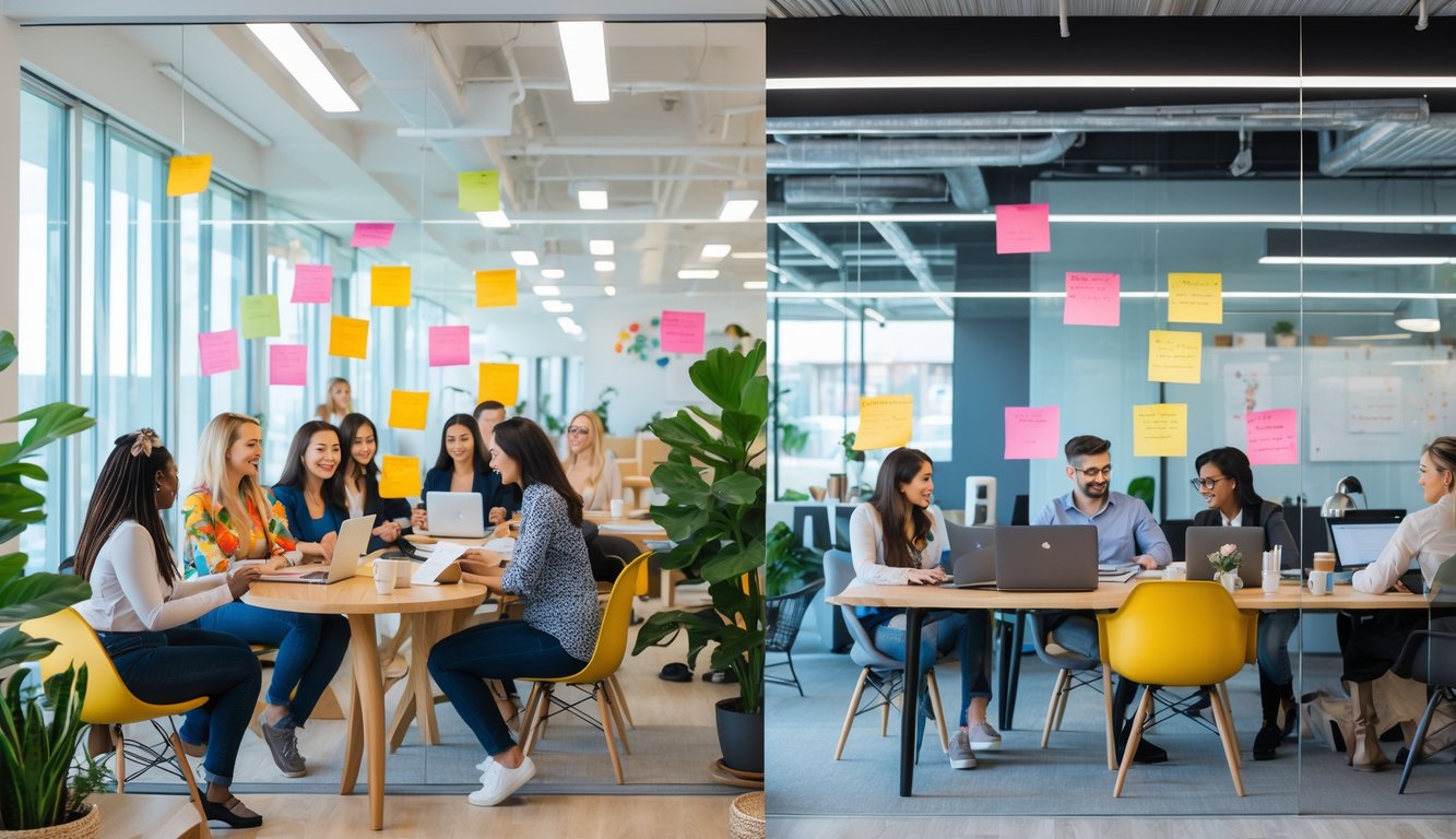 Two adjacent coworking spaces: one filled with women collaborating and working together, the other with a mixed-gender group working individually and in small groups.
