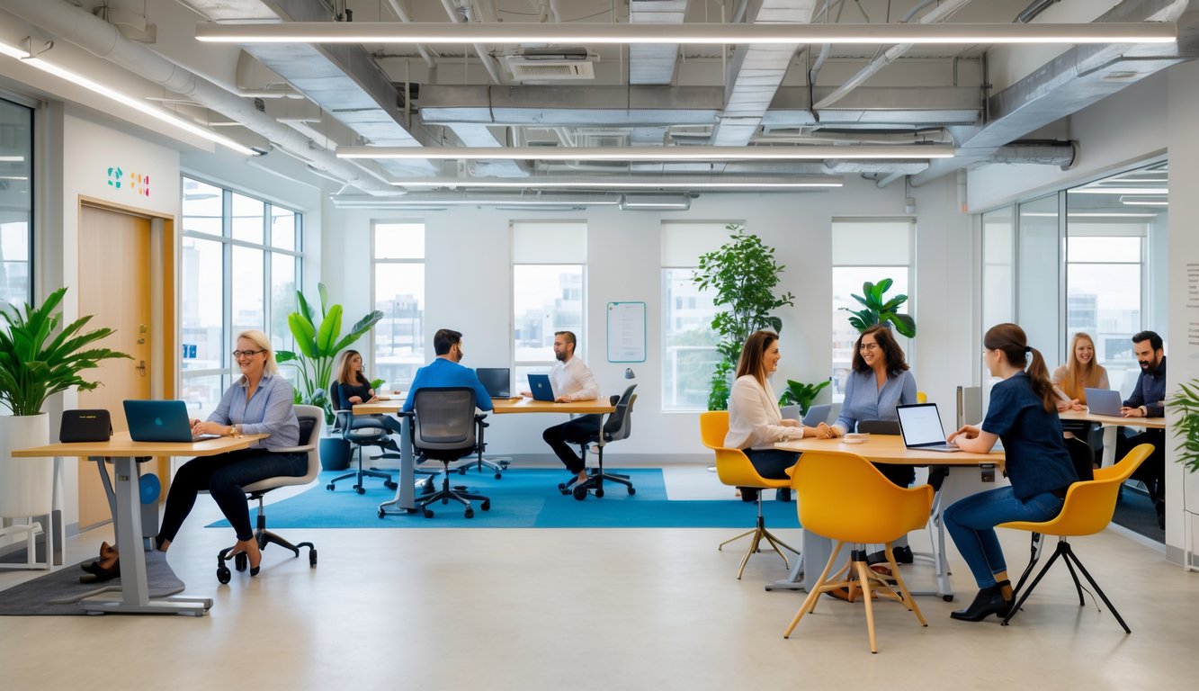A modern coworking space with people working together, featuring accessibility elements like ramps, adjustable desks, and braille labels.