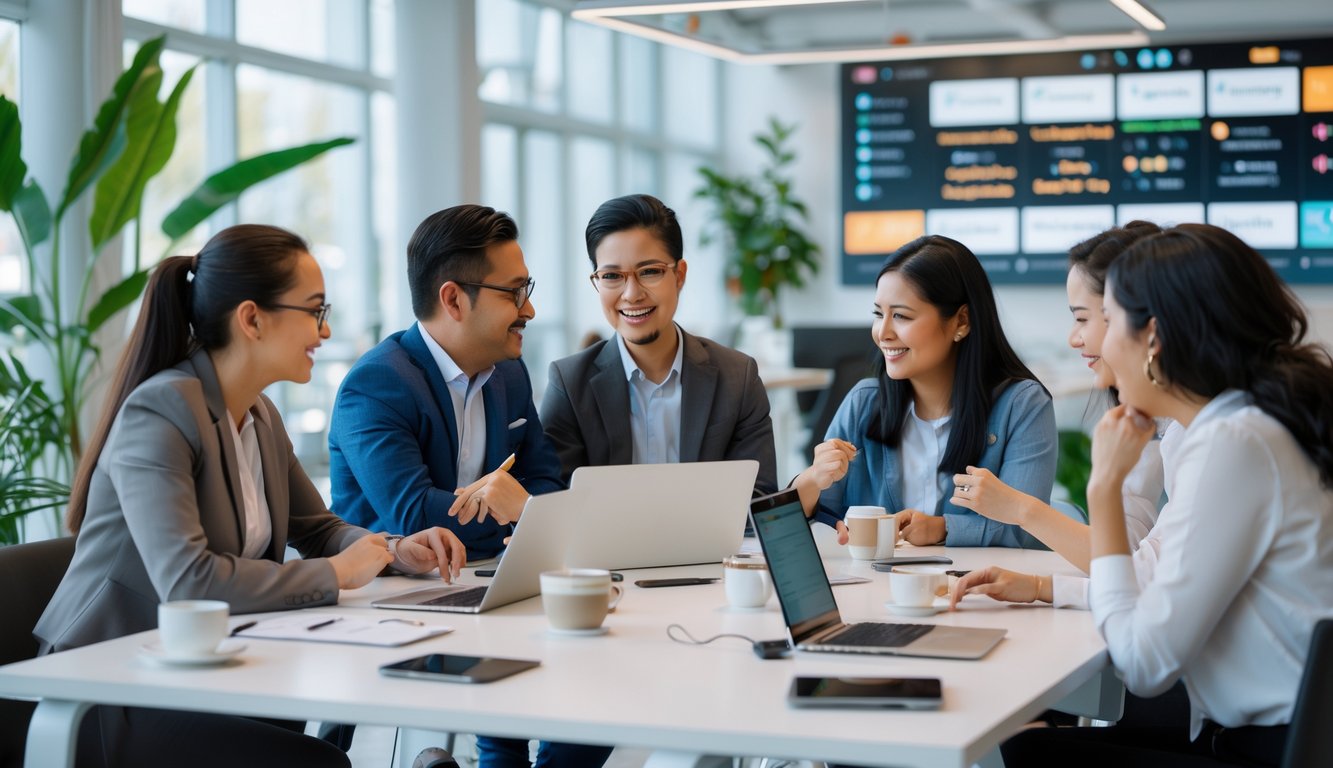 A diverse group of coworkers collaborating around a table in a modern coworking space with laptops and digital devices.