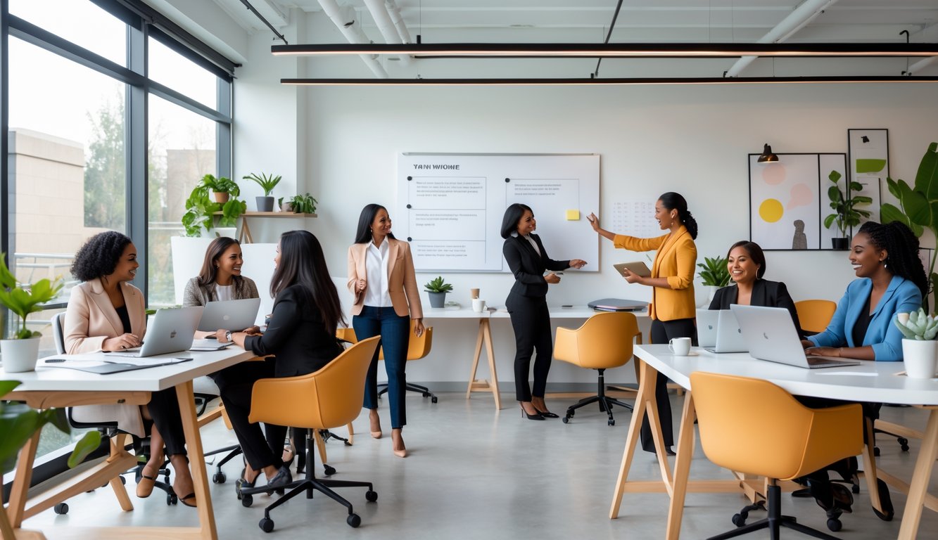 A group of diverse women working and collaborating in a bright, modern coworking space with large windows and plants.