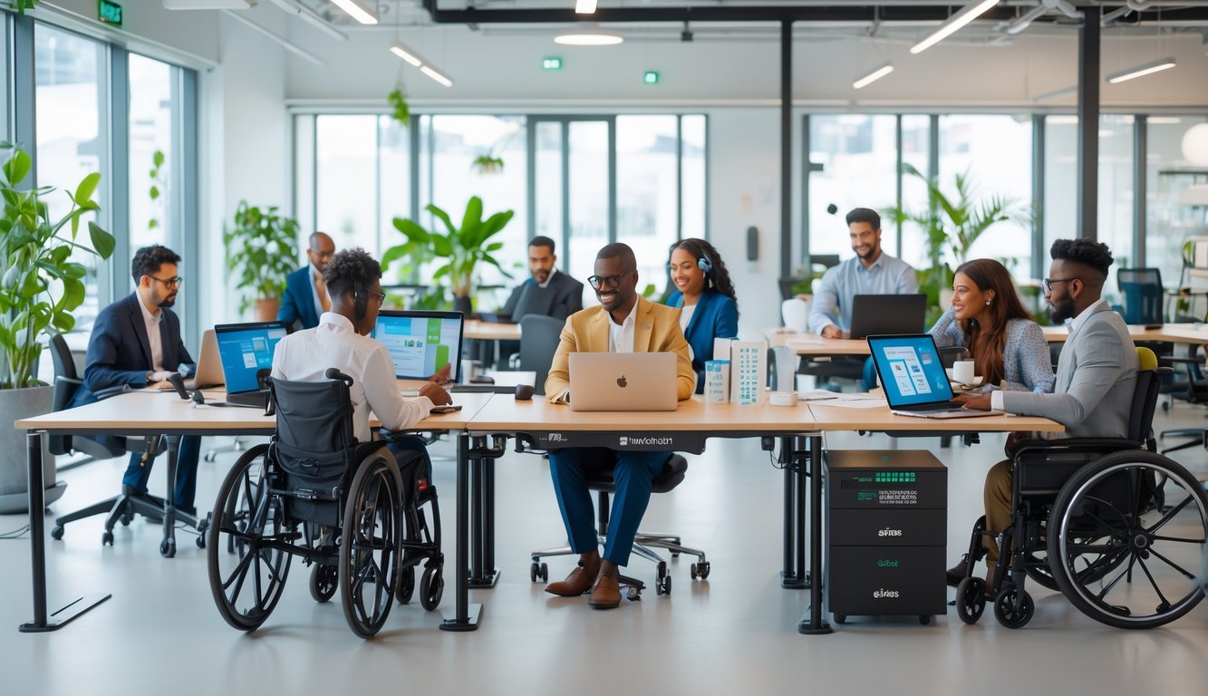 A diverse group of people working in an accessible coworking space with adjustable desks, wide pathways, and assistive technology.