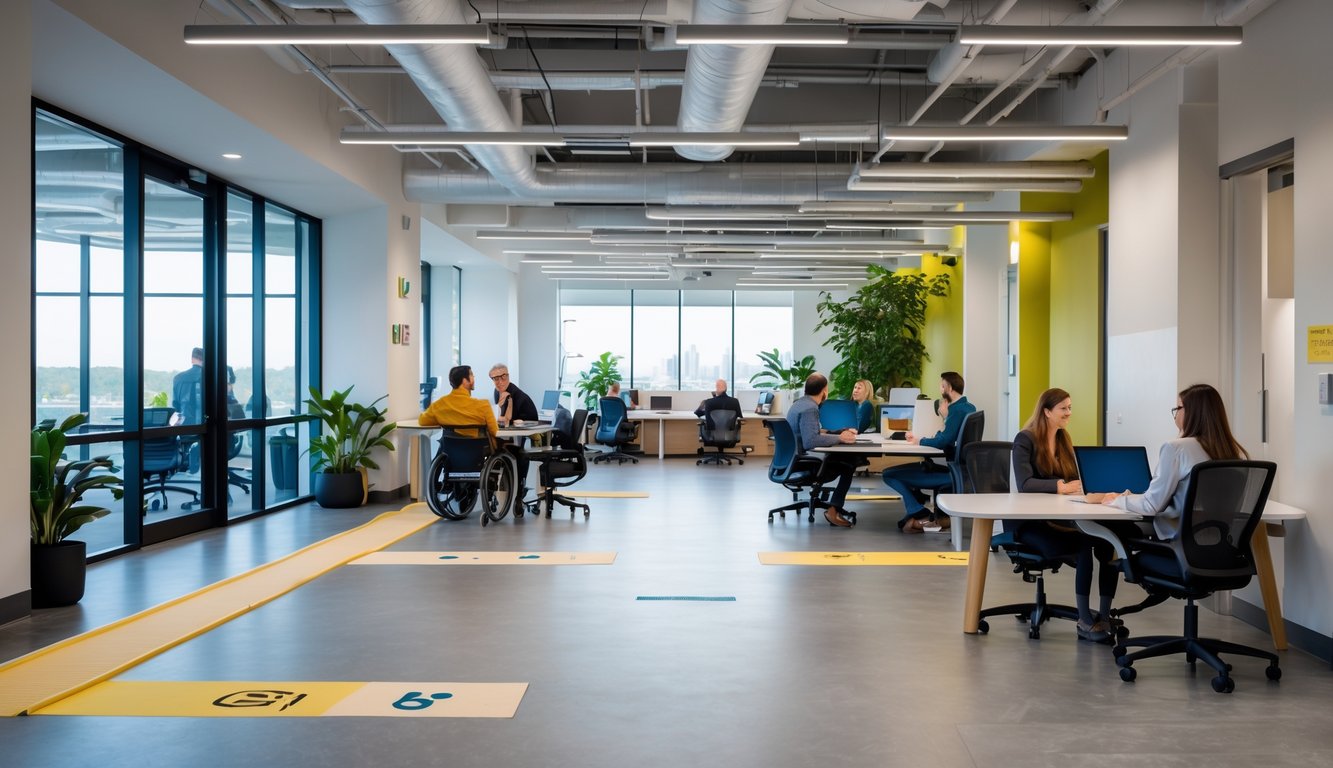 A modern coworking space with wide aisles, adjustable desks, wheelchair ramps, and people working together in an accessible environment.