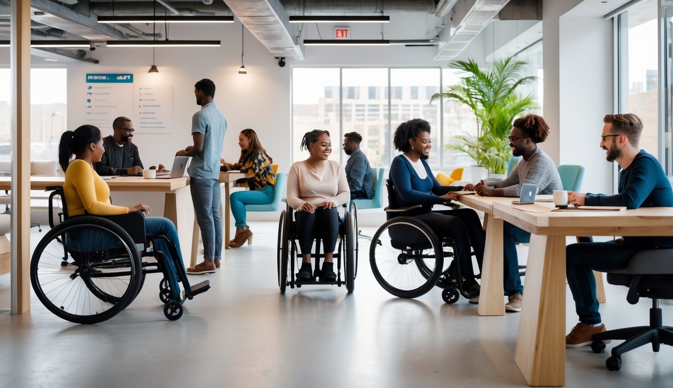 A diverse group of people working together in an accessible coworking space with features like ramps and adjustable desks.