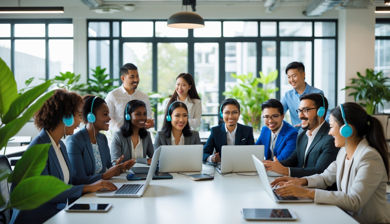Diverse group of professionals collaborating and communicating in a bright coworking space with laptops and headphones.