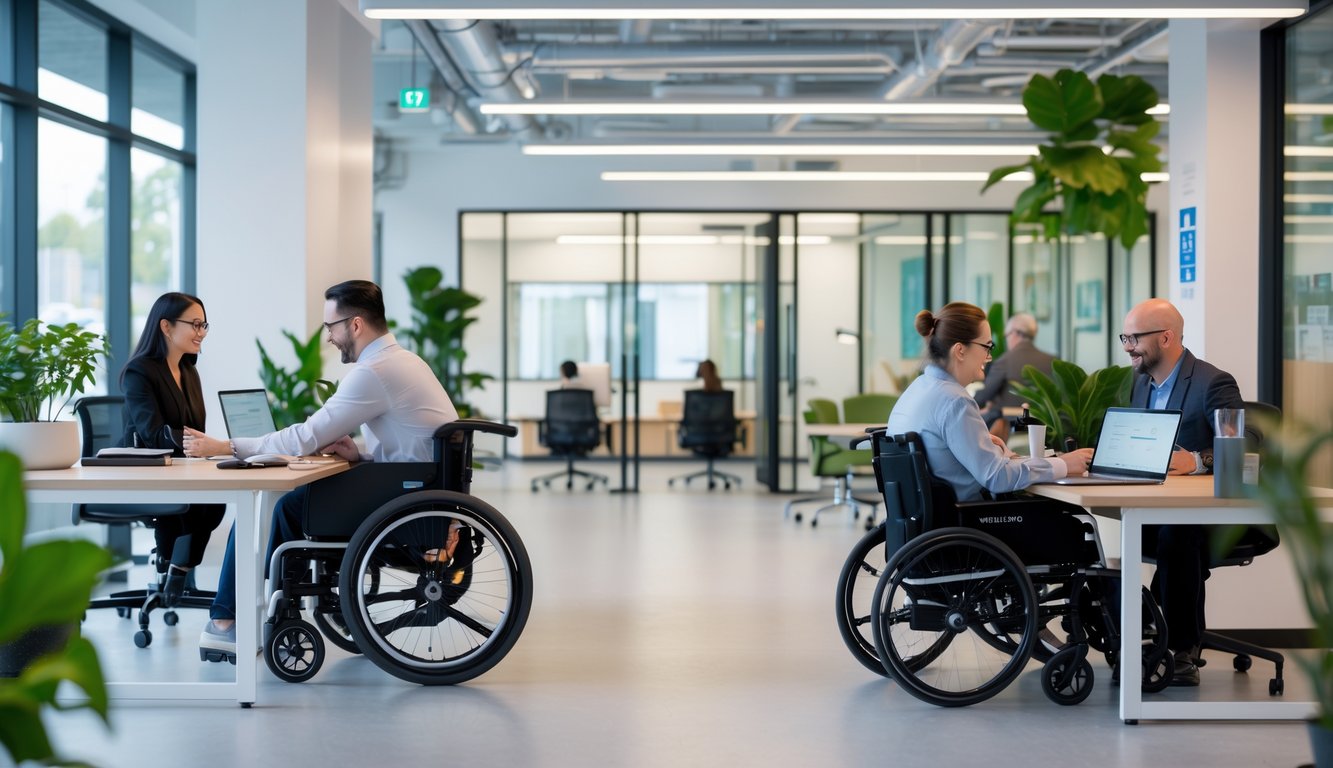 A bright coworking space with diverse people, including those using wheelchairs and assistive devices, working together in an accessible environment.