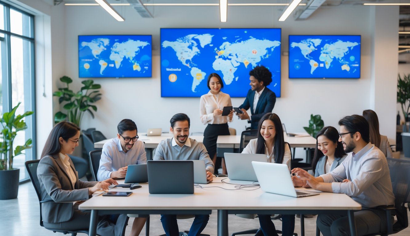 A diverse group of professionals working together around a table in a bright coworking space, using laptops and digital devices.