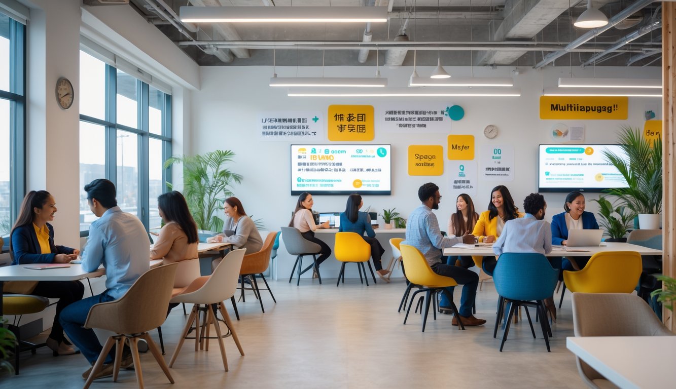 A diverse group of professionals working together in a bright coworking space with multilingual elements and a welcoming atmosphere.
