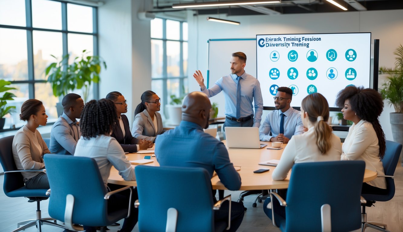 A diverse group of coworkers participating in a training session in a bright coworking space.