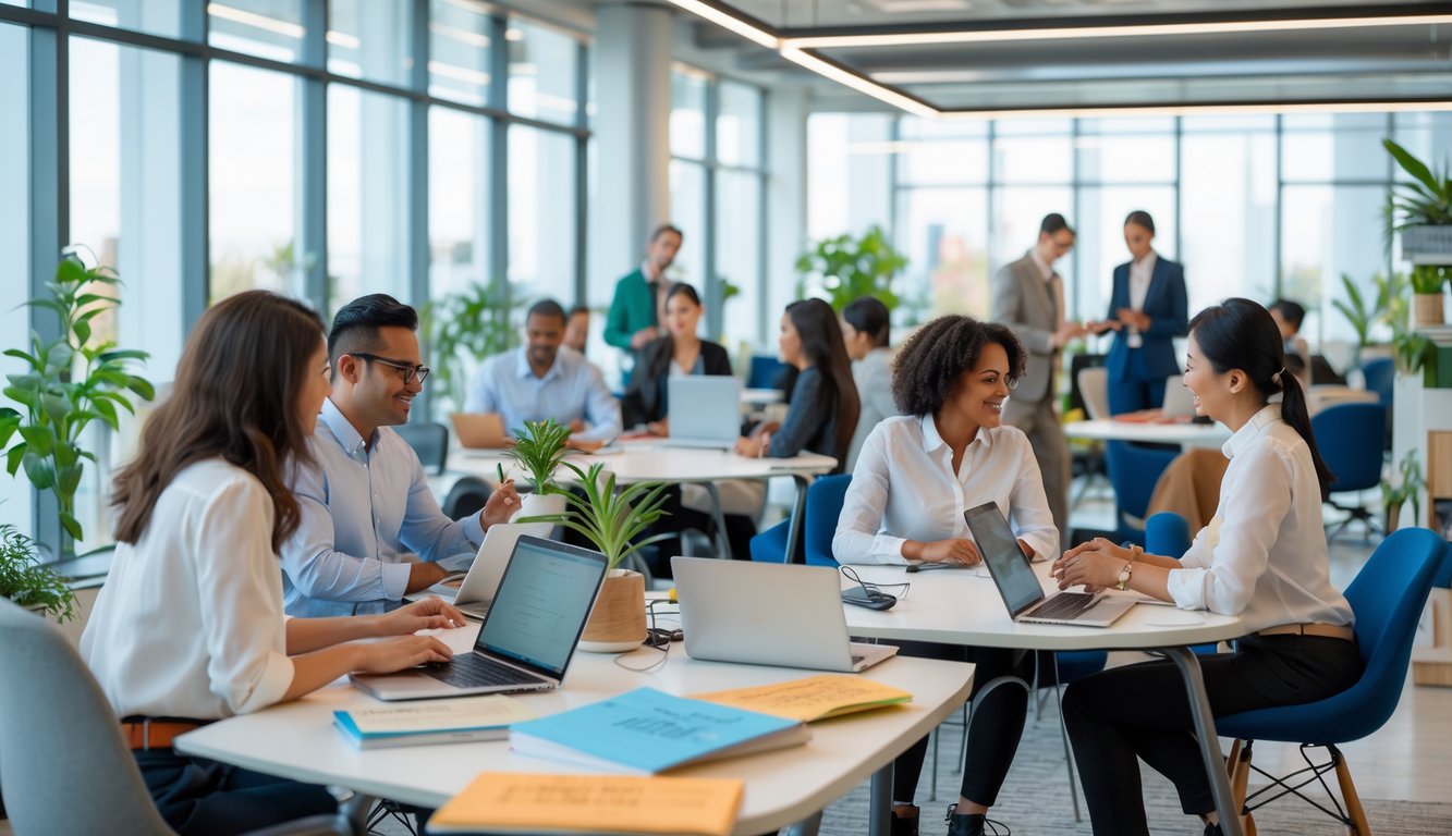 A diverse group of professionals working and collaborating in a bright, modern coworking space.