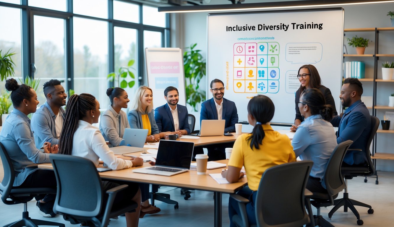 A diverse group of coworking space staff participating in a training session in a bright, modern office.