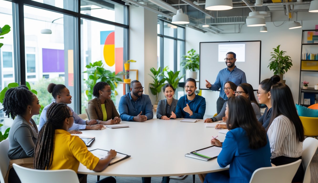 A diverse group of coworking space staff attending a diversity training session led by a facilitator in a bright, modern workspace.