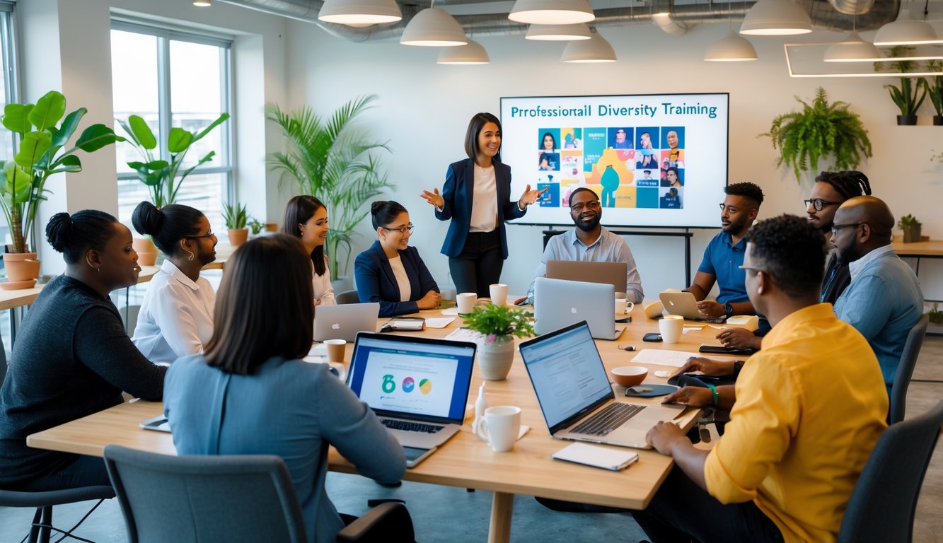 A diverse group of coworking space staff members participating in a training session in a bright, modern office.