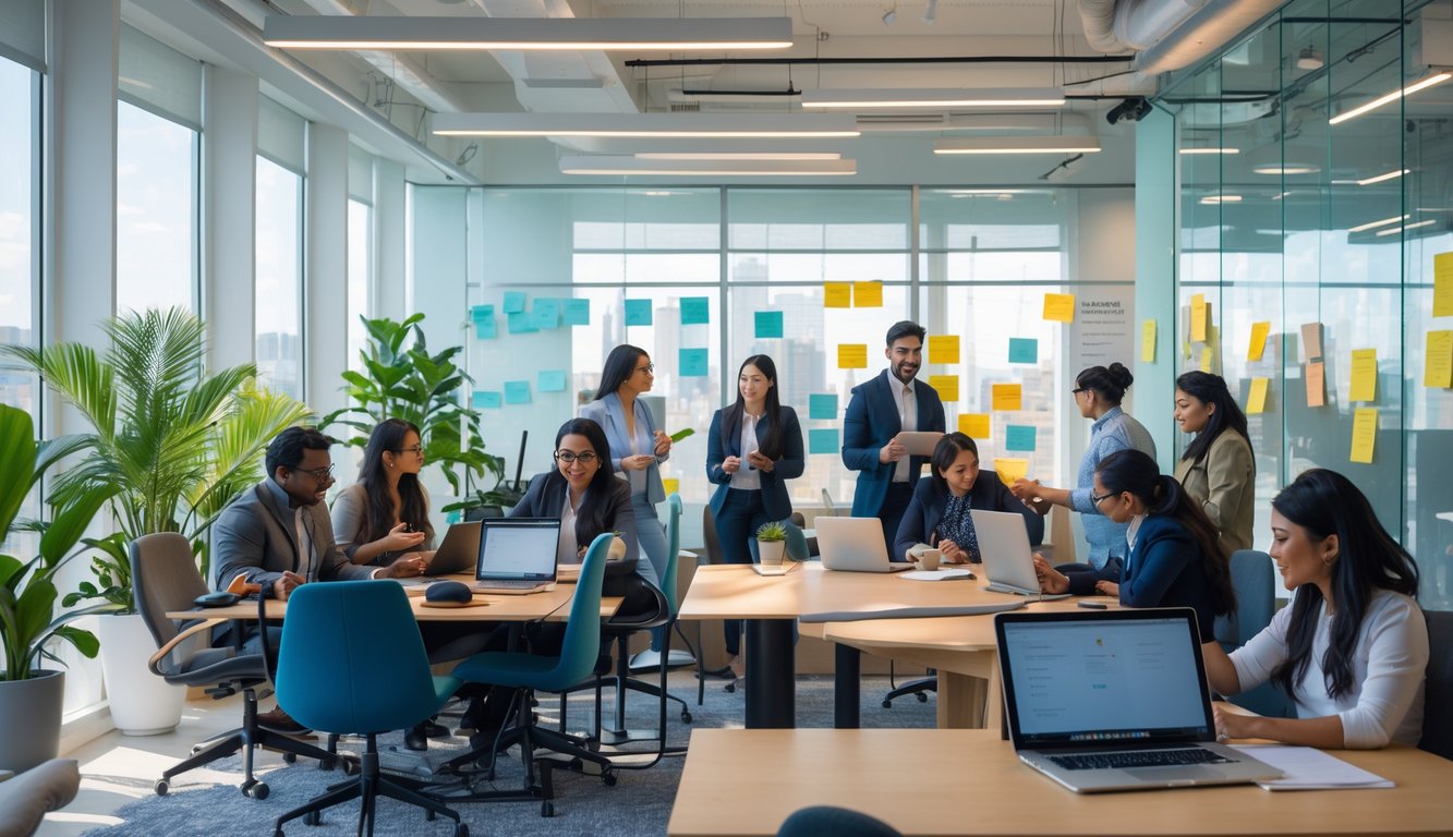 A diverse group of people working and collaborating in a modern coworking space with large windows and plants.