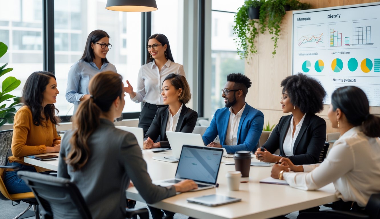 A diverse group of coworkers in a bright office space participating in a mentorship and diversity training session, with one person leading the discussion while others listen and take notes.