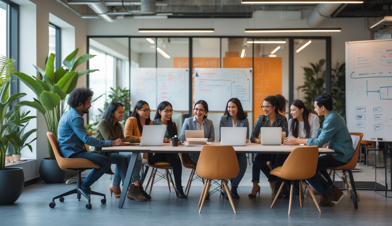 A diverse group of people working and collaborating around a table in a bright coworking space.