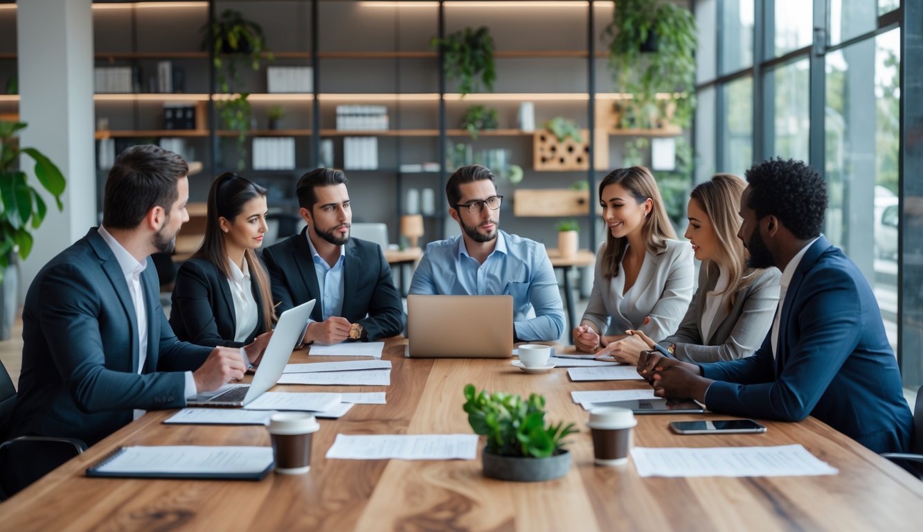 A group of professionals discussing legal documents around a conference table in a modern coworking space.