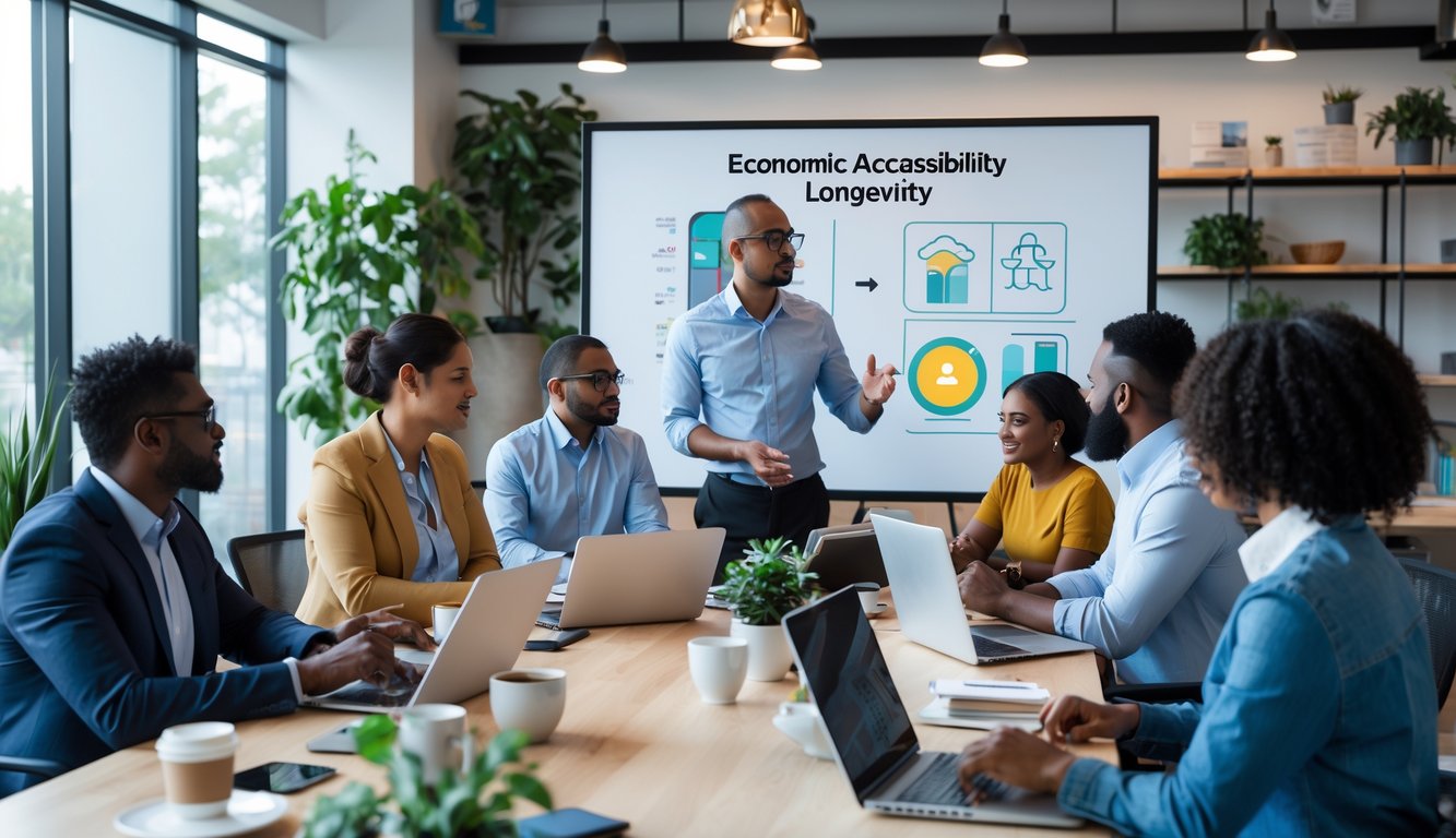 A diverse group of coworking space staff participating in a training session around a conference table in a modern office setting.