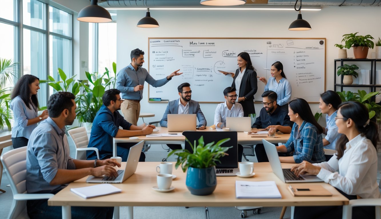 A group of diverse immigrant entrepreneurs working and collaborating together in a bright, modern coworking space.