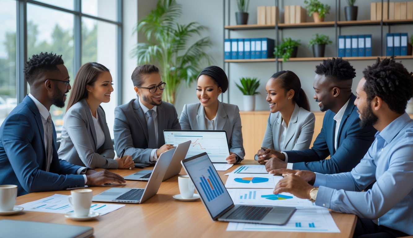 A group of professionals meeting around a table in a bright office, discussing business plans with laptops and documents.
