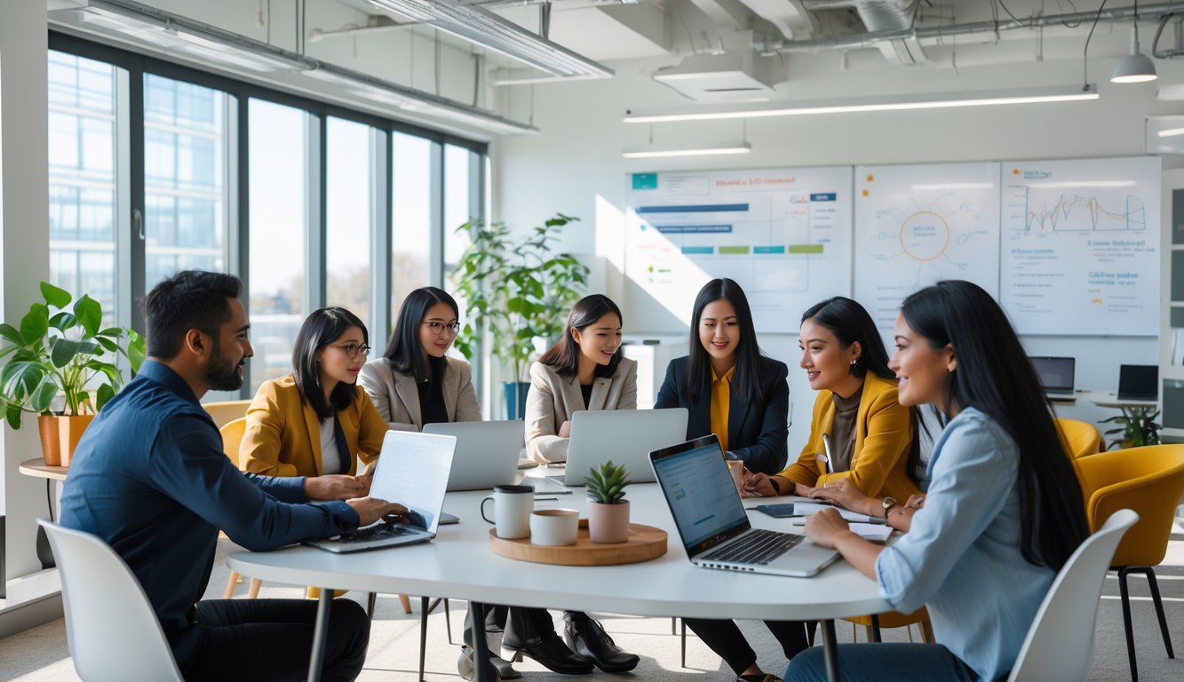 A diverse group of people working and collaborating together in a bright, modern coworking office space.