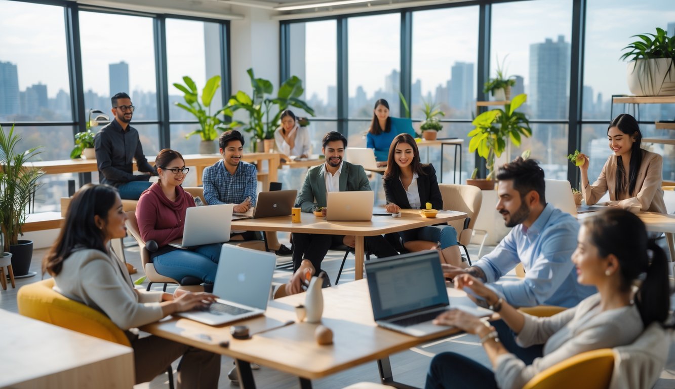 A diverse group of people working and collaborating in a bright coworking space with natural light and plants.