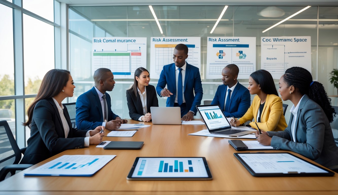 A group of professionals discussing documents and charts around a conference table in a modern coworking space.