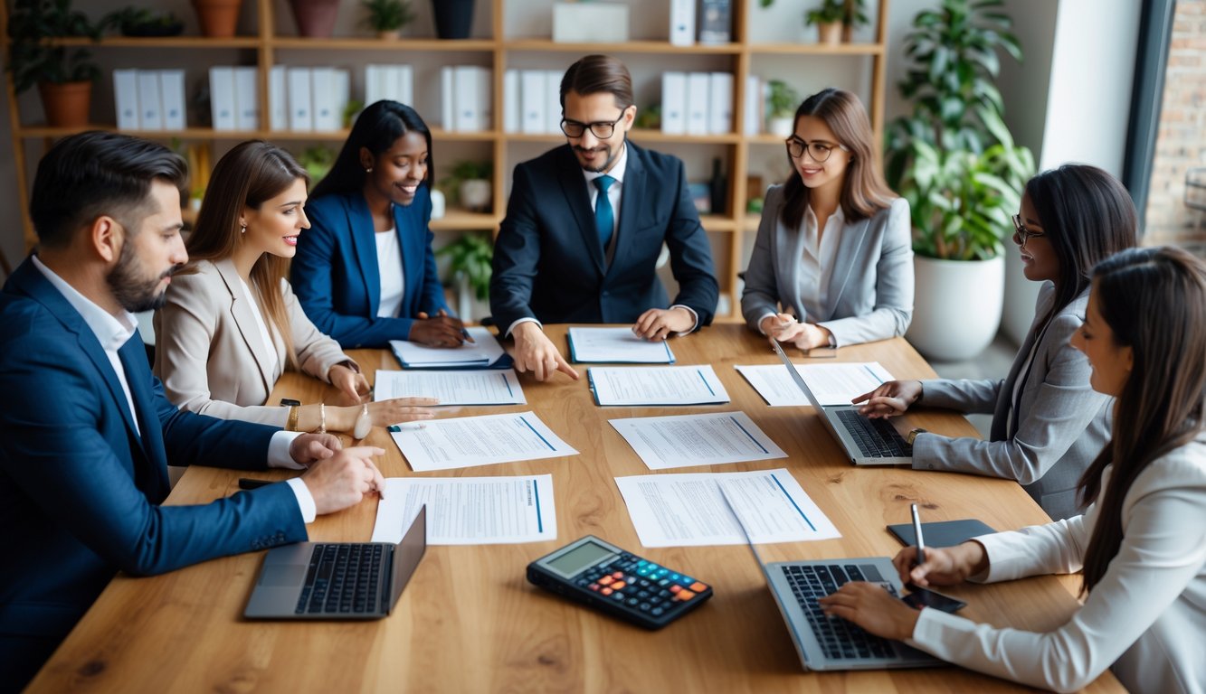 A group of professionals reviewing documents and discussing contracts around a table in a modern coworking office.