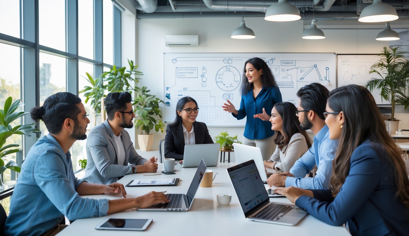 A diverse group of people working together in a bright coworking space with laptops and notebooks.