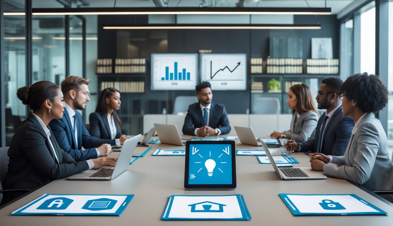 A group of professionals having a meeting in a modern coworking space with laptops and documents related to data protection and intellectual property.
