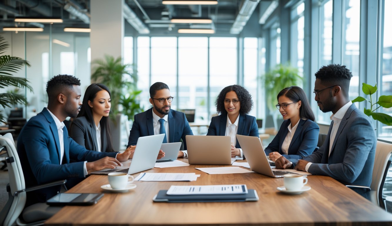 A group of business professionals meeting around a table in a modern coworking space, reviewing documents and laptops.