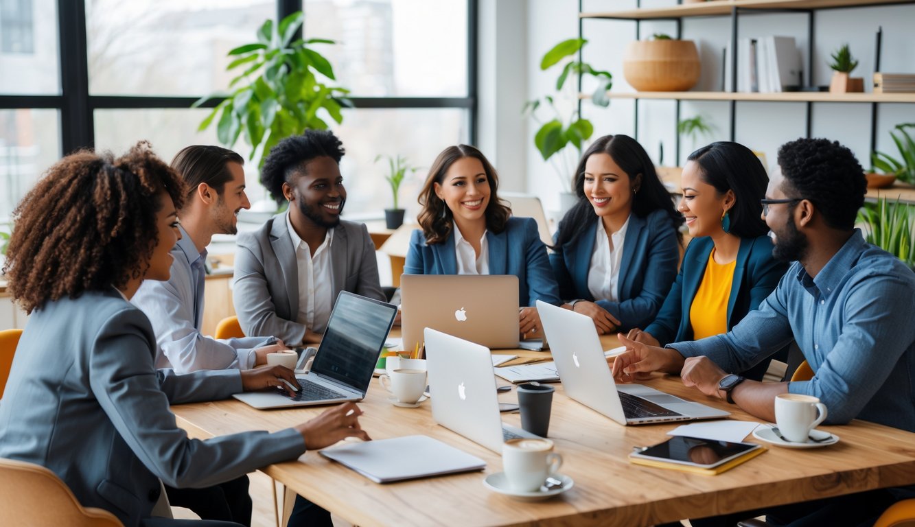 A diverse group of men and women collaborating around a table in a bright coworking space.